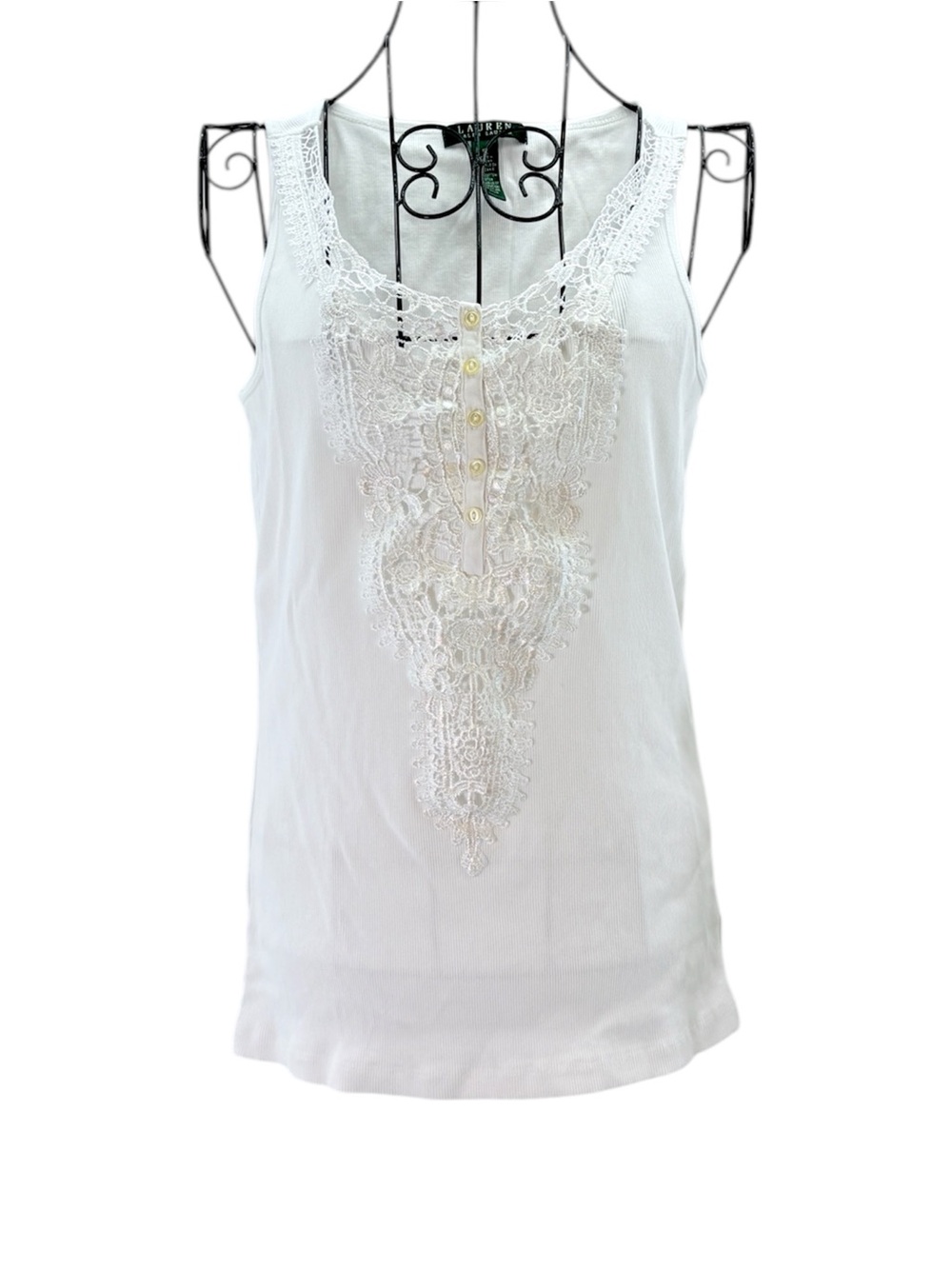 Lauren Ralph Lauren White Lace-Front Henley Ribbed Tank Feminine Classic Size M